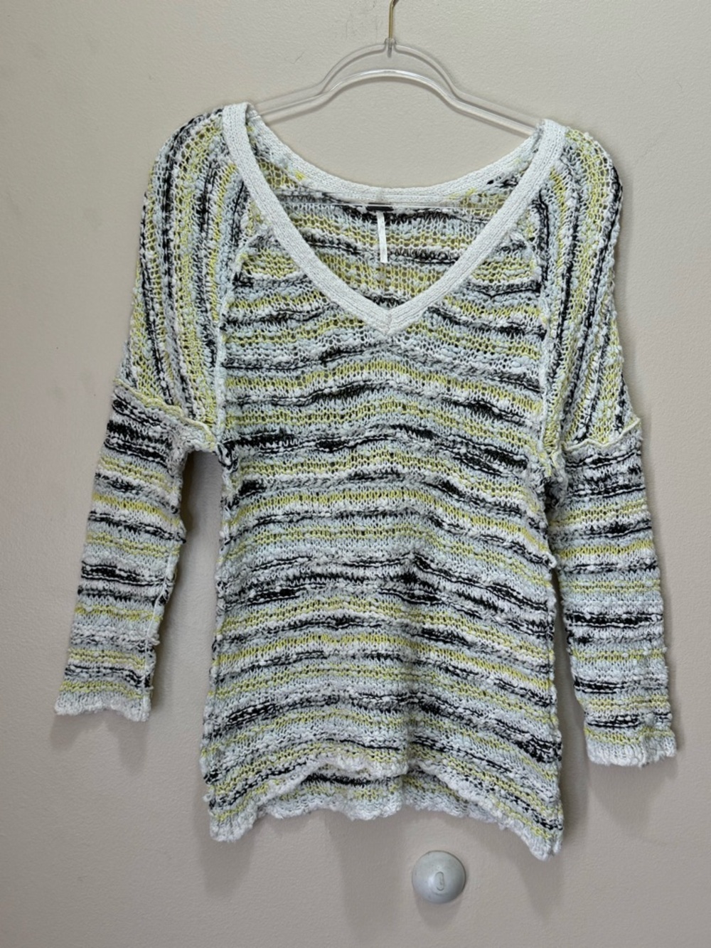 Free People Lemon Striped Songbird Boucle V-Neck Sweater